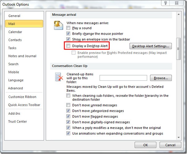 disable new mails notification